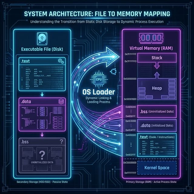 Schematic Diagram: Executable File on Disk vs Memory Mapping