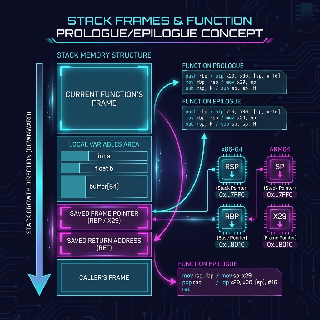 Stack frame prologue epilogue patterns for x86-64 and ARM64 - memory layout and register usage visualization
