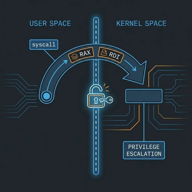 System calls diagram showing user mode to kernel mode transition using syscall instruction