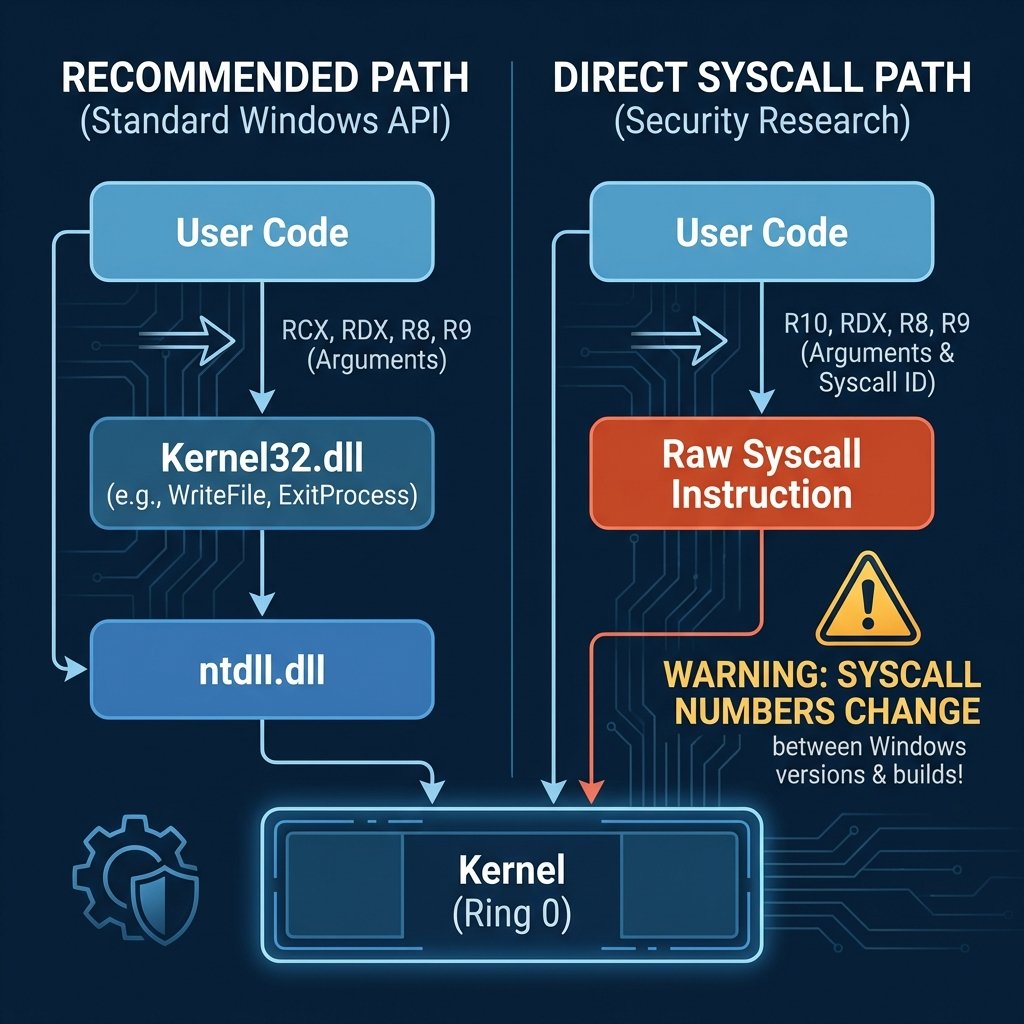 Windows API calls vs direct syscalls comparison showing Kernel32.dll path versus raw syscall instruction