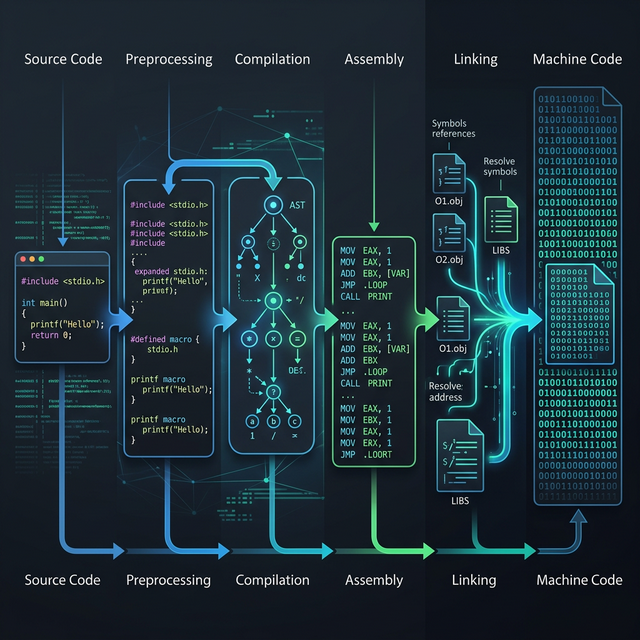 The C compilation process pipeline stages: preprocessing, compilation, assembly, and linking.
