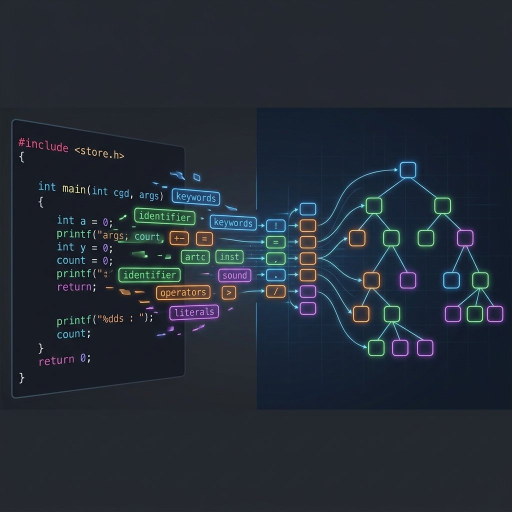 Technical diagram showing the compiler lexer parser process of transforming C source code into tokens and an Abstract Syntax Tree (AST).