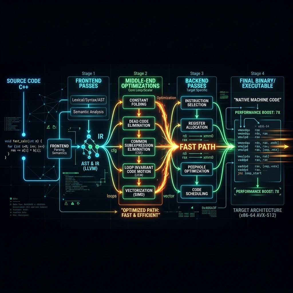 Technical diagram illustrating compiler optimization passes like constant folding and DCE.