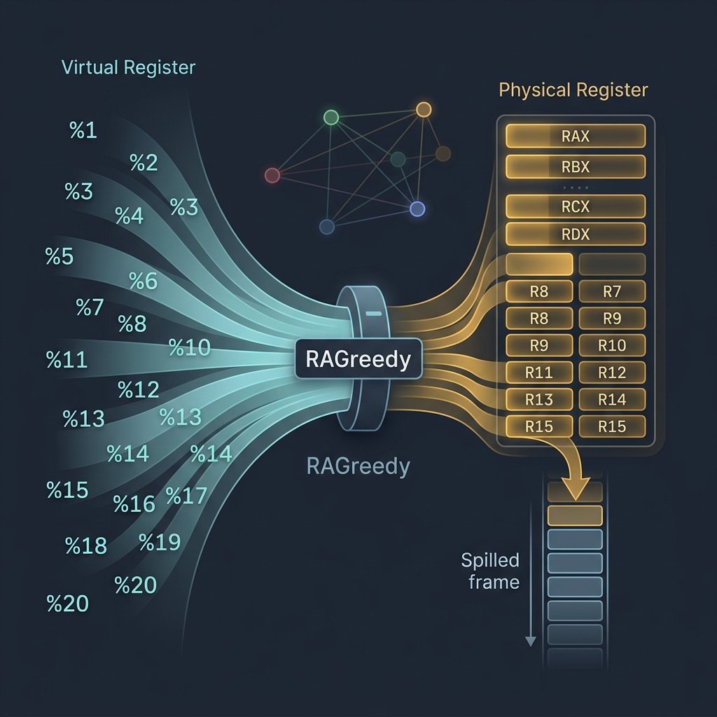 Register allocation compiler — virtual registers mapped to physical CPU registers through graph coloring and liveness analysis