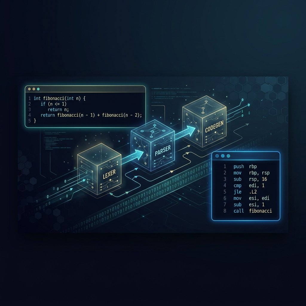 Write a compiler from scratch - MiniC compilation pipeline showing source code through lexer parser and codegen stages to x86-64 assembly