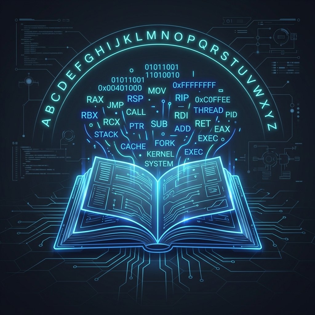 Systems programming glossary featuring assembly registers, binary code, and low-level development terminology